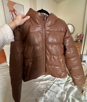 Brown Leather Puffer Coat
