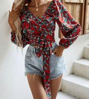 SheIn Cropped floral tie side blouse