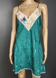 Vintage Delicates Small Green Floral Jacquard Satin Chemise Ivory Lace Applique