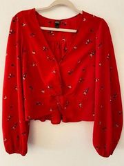 Wild Fable Red Floral Long Sleeve Twist Front Size Zip Blouse Women's Sz Medium