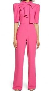 Black Halo Ara Tie Neck Bow Puff Sleeve Jumpsuit in Vibrant Hot Pink Crepe