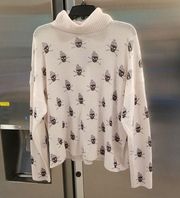 💕SKULL CASHMERE💕 Ski Skull Print Pullover Turtleneck Sweater ~ Off White L NWT