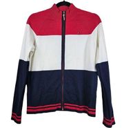 Tommy Hilfiger Womens M Tricolor Mock Neck Full Zip Sweater Logo *Tiny Flaw