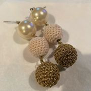 J Crew triple ball dangle pierced earrings Pearl, cream knit and gold knit