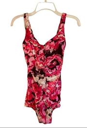 Maxine of Hollywood Swimsuit Size 8/M One Piece Pink/Brown Floral Ruched