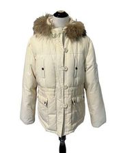 DKNY Fur Trimmed Hood Puffer Coat Ivory Down Filled Short size XL