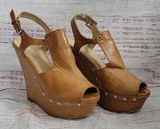 Charming Charlie Tan Leather Peep Toe Platform Studded Women's Wedges Size 9