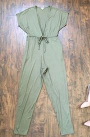 Tobi • This Is It jumpsuit olive green knit deep v surplice plunge tapered leg