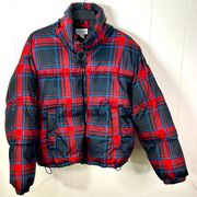 Arizona Jean Co. women’s size small plaid, puffer jacket. Red black and blue