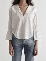 ONE Teaspoon Top Creeper Cotton Bell Sleeve Ruffles V-Neck with Collar White S