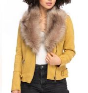 Mob Wife LA Coalition Faux Fur Trim Suede Moto Jacket Yellow Gold 0x