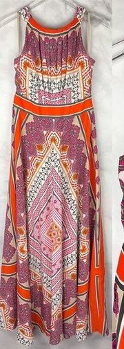 NWT Chicos Pleated High Neck Scarf Print Sleeveless A Line Maxi Dress Boho S