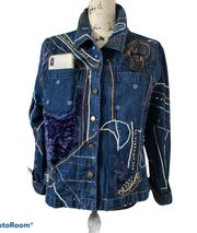 Denim Jeans Jacket Fun Colorful Artsy Embellished Boho Coat  & 2 Pockets