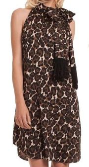 Trina Turk Silk Animal Print Leopard Mini Dress Tie Neck Fringe Brown Black XS