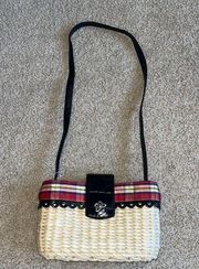Brighton straw plaid shoulder bag, long black leather strap, magnetic clasp