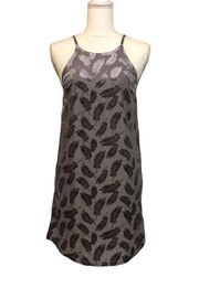 Velvety Leaf Print Spaghetti Strap Halter Mini Dress Crisscross Gray