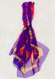 Womens Classy Red Hat Society Purple & Red Scarf Head Scarf Ascot Gold Chain 59”