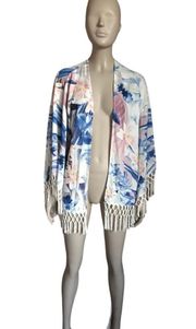 Boston Proper Blue, White and Pink Fringe Kimono