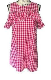 Peach Love white & hot pink checked cold shoulder summer dress small