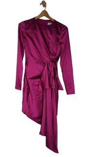 Mac Duggal 26644 Asymmetric Draped Hem Mini Dress Long Sleeve Magenta Pink 2 XS