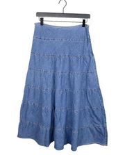 Vintage Y2K 2000s International Concepts Denim Tiered Maxi Skirt Boho Prairie