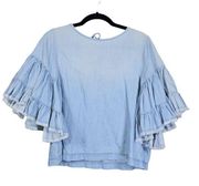 Melrose and Market Top Womens Small Boho Chambray Denim Flutter Semi Crop Shirt