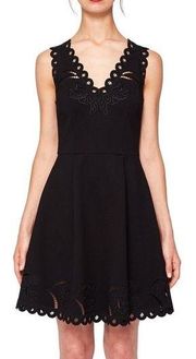 Ted Baker Emalise Black Dress Size 10 V-Neck Embroidered Scalloped Fit & Flare