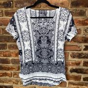 Style & Co Black & White Printed Short Sleeve Top Women's Size Large