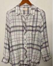 Melloday Women's Super Soft Button Down Shirt White Size M Plaid Long Sleeve