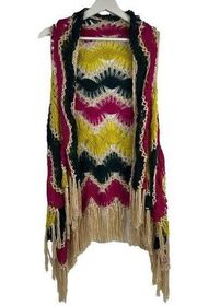 May & July Crochet Open Knit Vest Multicolor Fringe Boho Hippie Shawl Size S M