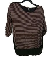 Bobeau Black/Brown Striped Top With Sheer Back - Size Small - Roll Tab Sleeves