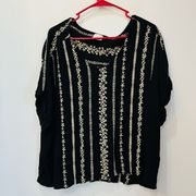 By Together Boho Embroidered Slouchy Oversized sleeve  Top Black Size Medium