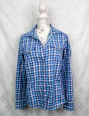The North Face Blue Plaid Long Sleeve Snap Button Top Size M