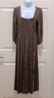 Saltwater Luxe Brown Leopard Print Smocked Long Sleeve Maxi Dress