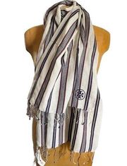 Tory Burch Linen Striped Ivory Oblong Embroidered Logo Scarf 28"x76"