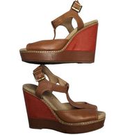 Splendid Kane Cognac Brown Red Color Block Leather T-Strap Wedge Heel Sandals 8