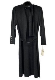 Henry Lee Petites Dark Gray Modest Long Sleeve Belted Dress with Scarf