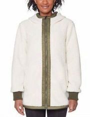 1 Madison Ladies' Cream & Olive Khaki Trim Sherpa Fuzzy Hooded Full Zip Jacket