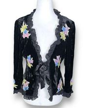 Vintage Nanette Lepore Cardigan Black Velvet Bright Floral Pattern Sheer Bow
