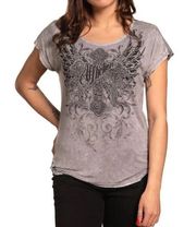 NWT Affliction Caldwell Creek T-Shirt Women Size‎ Small Gray Rhinestones Wings