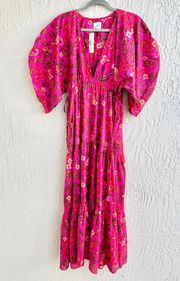 MISA Ysabel Floral Print V-Neck Tiered Ruffle Maxi Dress Pink Women's Sz XS