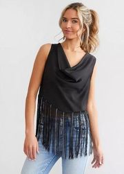 Blue B Rhinestone Fringe Tank Top Black Cowl Neck Tank Size Medium NEW