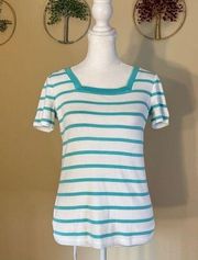 Karen Scott Petites White Teal Striped Square Neck Tee Size Petite Small