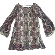 Boho Bell Sleeve Floral Dress Scoop Neck Multicolor Women's Size M