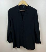 Eileen Fisher Silk Tunic Top Size XS Button Up Black Minimal Work Band Collar