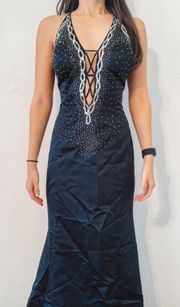 Sequin Beaded Lace-Up Open Back Deep-V Satin Prom Formal Dress