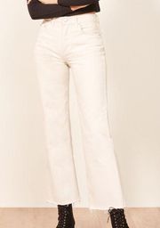 Reformation Fawcett Ivory High Waisted Straight Flare Leg Raw Hem Jeans