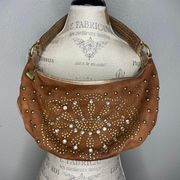 Faux Suede Brown Hobo Shoulder Bag Gold / Brass Tone Studs