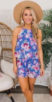 Davi & Dani Blue and Pink Floral Print Romper