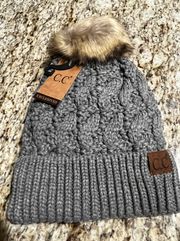 NWT C.C Light Gray Melange Ribbed Fleece-Lined Pompom Beanie